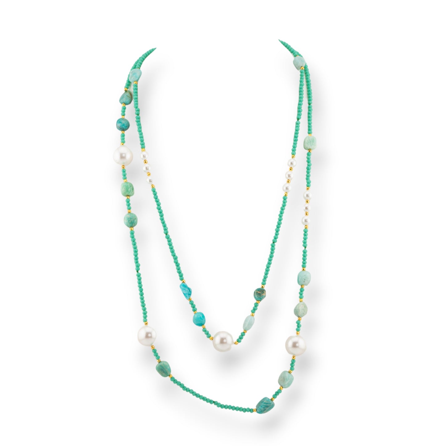 Charlestone Bijoux Necklace Of CZ Crystals With Hard Stones And Mallorca Pearls With Hematite 120cm Green Amazonite