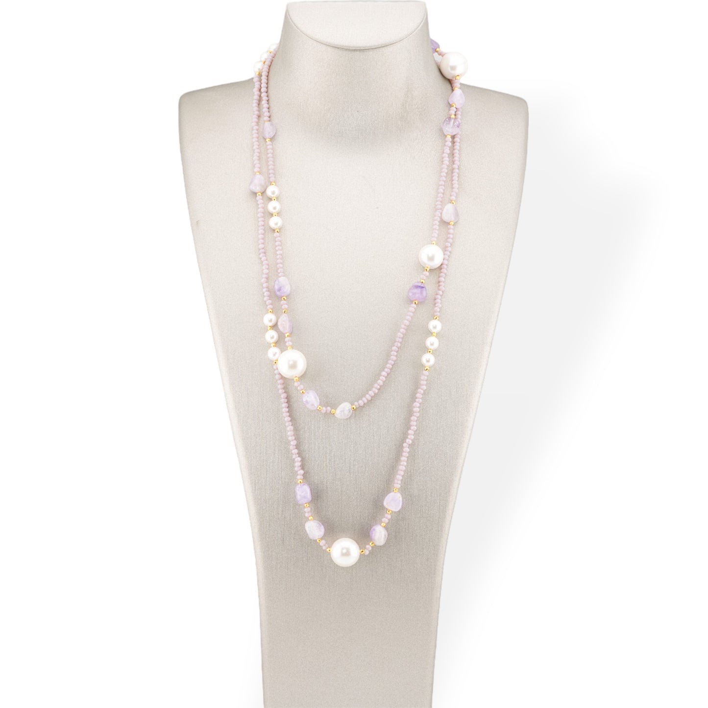 Bijoux Charlestone Necklace Of CZ Crystals With Hard Stones And Majorca Pearls With Hematite 120cm Light Purple