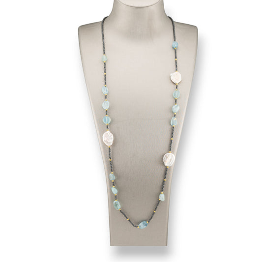 Charlestone Hematite Bijoux Necklace With Flat Baroque River Pearls And 90cm Aquamarine Gemstones