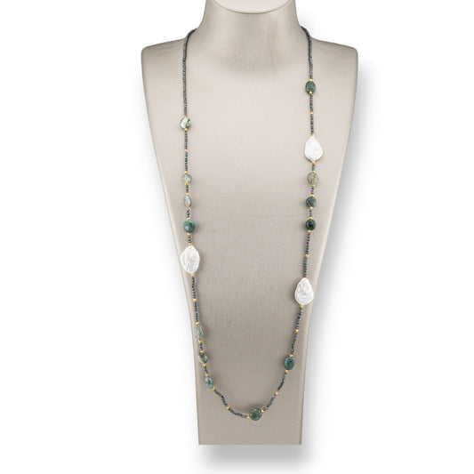 Charlestone Hematite Bijoux Necklace With Flat Baroque River Pearls And Hard Stones 90cm Moss Agate