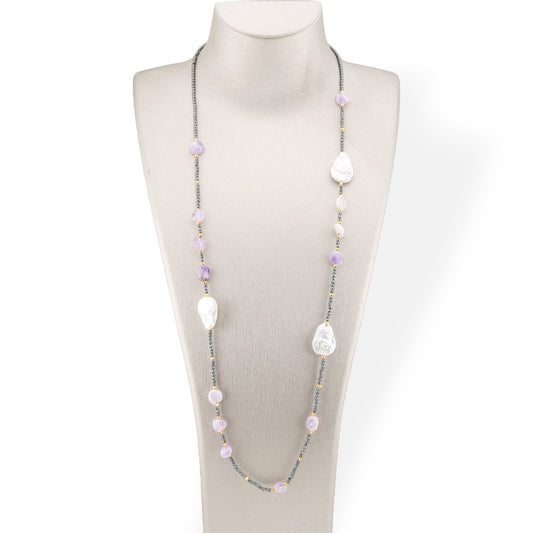 Charlestone Hematite Bijoux Necklace With Flat Baroque River Pearls And 90cm Amethyst Gemstones