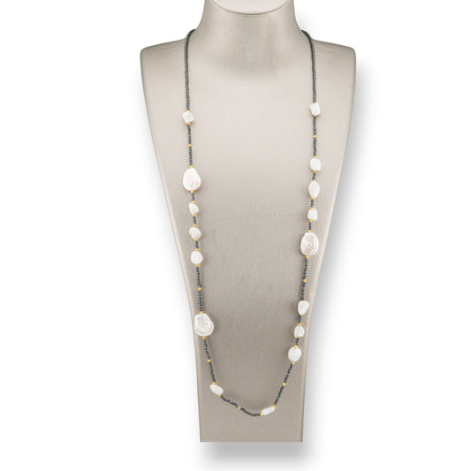 Charlestone Hematite Bijoux Necklace With Flat Baroque River Pearls And Hard Stones 90cm White