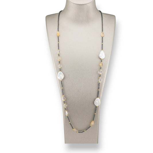 Charlestone Hematite Bijoux Necklace With Flat Baroque River Pearls And Hard Stones 90cm Citrine