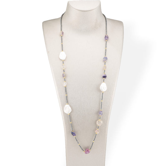 Charlestone Hematite Bijoux Necklace With Flat Baroque River Pearls And Hard Stones 90cm Fluorite