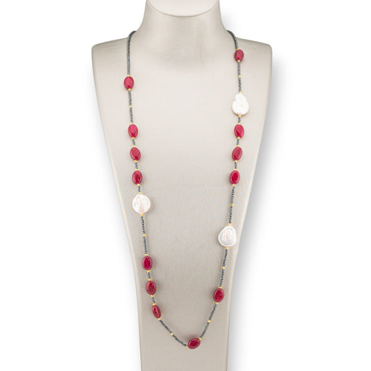 Charlestone Hematite Bijoux Necklace With Flat Baroque River Pearls And Hard Stones 90cm Red Jade