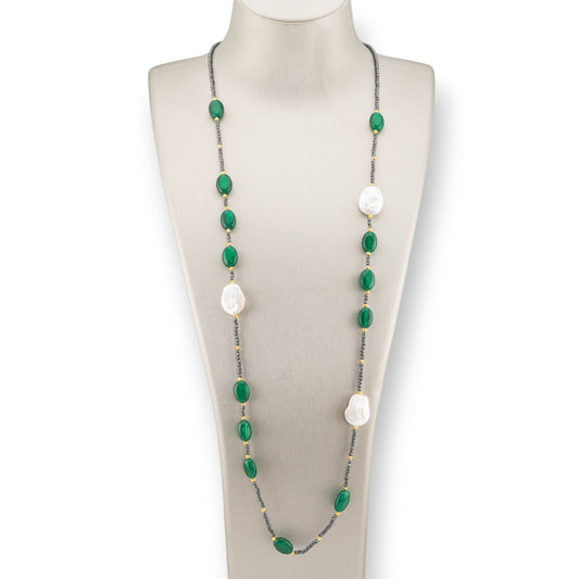 Charlestone Hematite Bijoux Necklace With Flat Baroque River Pearls And Hard Stones 90cm Green Jade