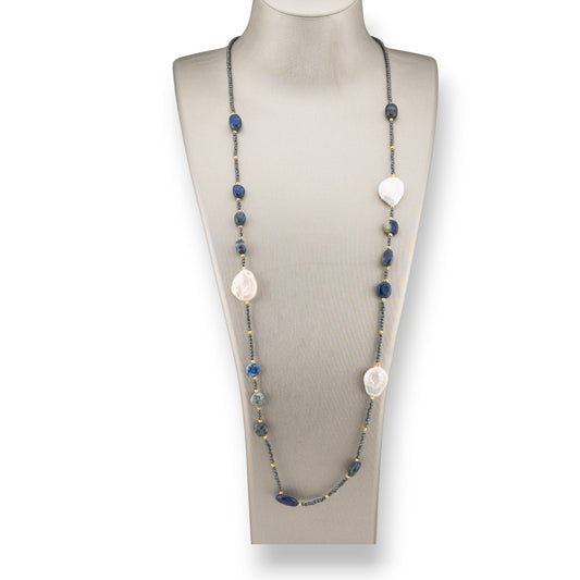 Charlestone Hematite Bijoux Necklace With Flat Baroque River Pearls And Hard Stones 90cm Lapis Lazuli