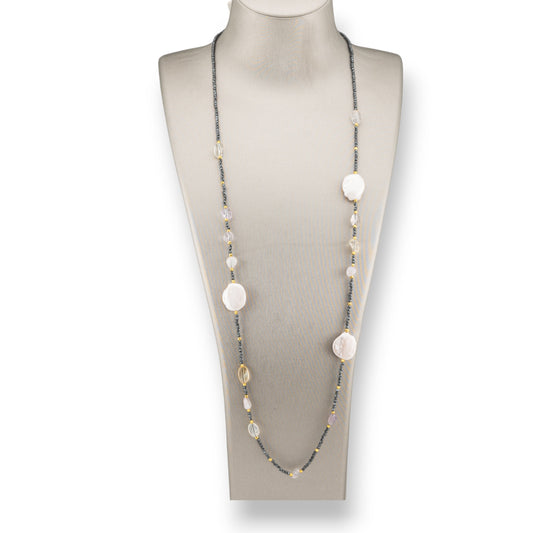 Charlestone Hematite Bijoux Necklace With Flat Baroque River Pearls And Hard Stones 90cm MOD10