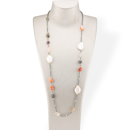 Charlestone Hematite Bijoux Necklace With Flat Baroque River Pearls And Hard Stones 90cm Quartz Mix