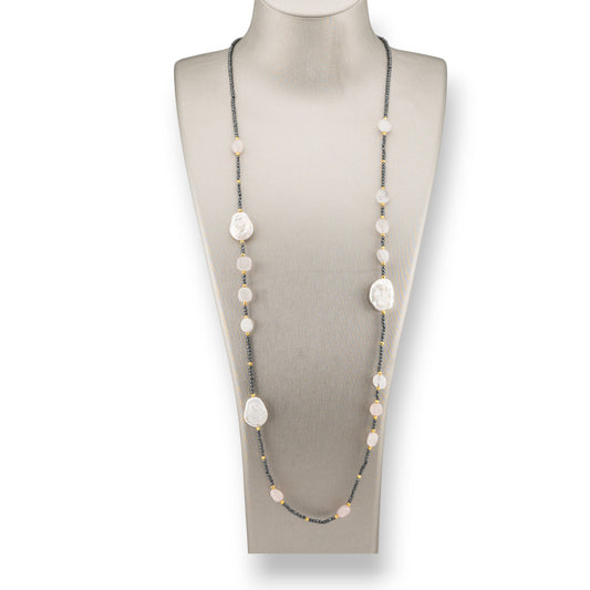 Charlestone Hematite Bijoux Necklace With Flat Baroque River Pearls And Hard Stones 90cm Rose Quartz