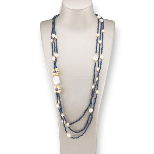 Charlestone River Pearl and Crystal Bijoux Necklace with Bronze Elements 90cm Blue