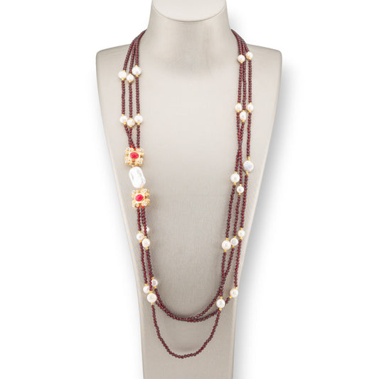 Charlestone River Pearl and Crystal Necklace with Bronze Elements 90cm Bordeaux