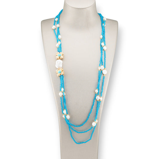 Charlestone River Pearl and Crystal Bijoux Necklace with Bronze Elements 90cm Light Blue