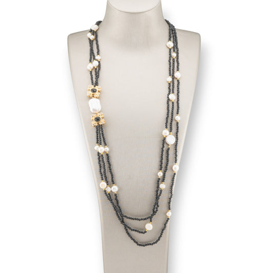 Charlestone River Pearl and Crystal Bijoux Necklace with Bronze Elements 90cm Black