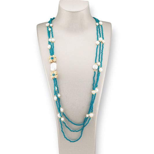 Charlestone River Pearl and Crystal Bijoux Necklace with Bronze Elements 90cm Teal