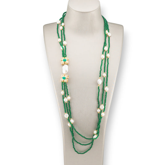 Charlestone River Pearl and Crystal Bijoux Necklace with Bronze Elements 90cm Green