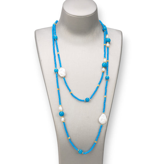 Bijoux Charlestone Necklace Of 10mm Hard Stones, 7-15mm Pearls And 3mm Crystals 160cm Light Blue