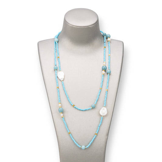 Bijoux Charlestone Necklace Of 10mm Hard Stones, 7-15mm Pearls And 3mm Crystals 160cm Light Blue