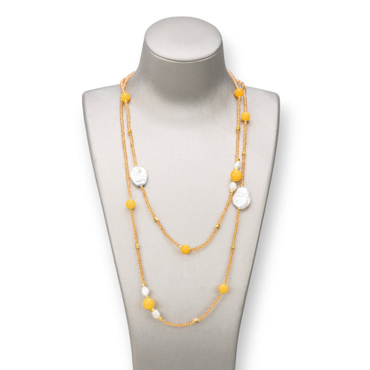 Bijoux Charlestone Necklace Of 10mm Hard Stones, 7-15mm Pearls And 3mm Crystals 160cm Yellow