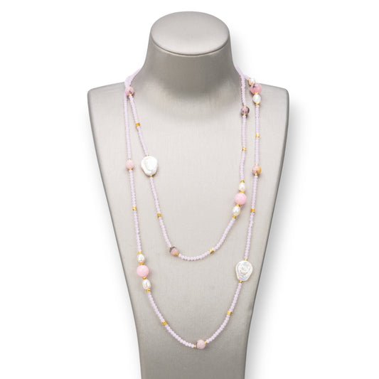 Charlestone Bijoux Necklace 10mm Hard Stones, 7-15mm Pearls And 3mm Crystals 160cm Spotted Pink