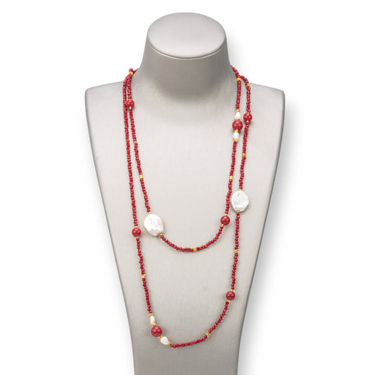 Bijoux Charlestone Necklace Of 10mm Hard Stones, 7-15mm Pearls And 3mm Crystals 160cm Red