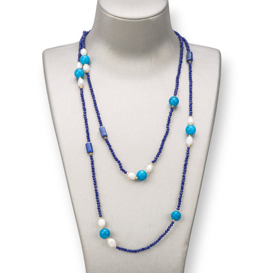 Bijoux Charlestone Necklace Of 10mm Hard Stones, Pearls And Crystals 3mm 160cm Blue