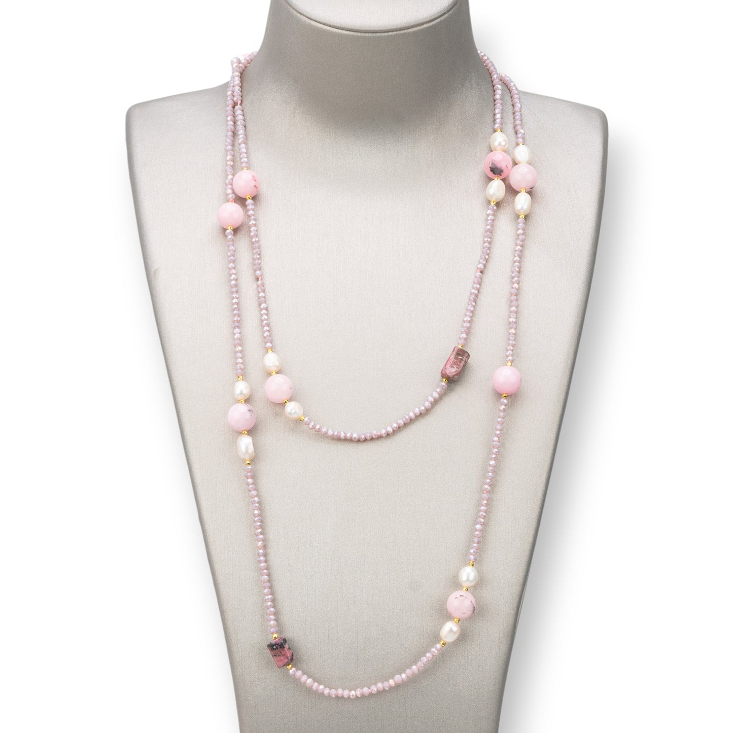 Collana Bijoux Charlestone Di Pietre Dure 10mm, Perle E Cristalli 3mm 160cm Opale Rosa