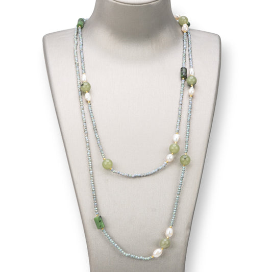 Collana Bijoux Charlestone Di Pietre Dure 10mm, Perle E Cristalli 3mm 160cm Prenite