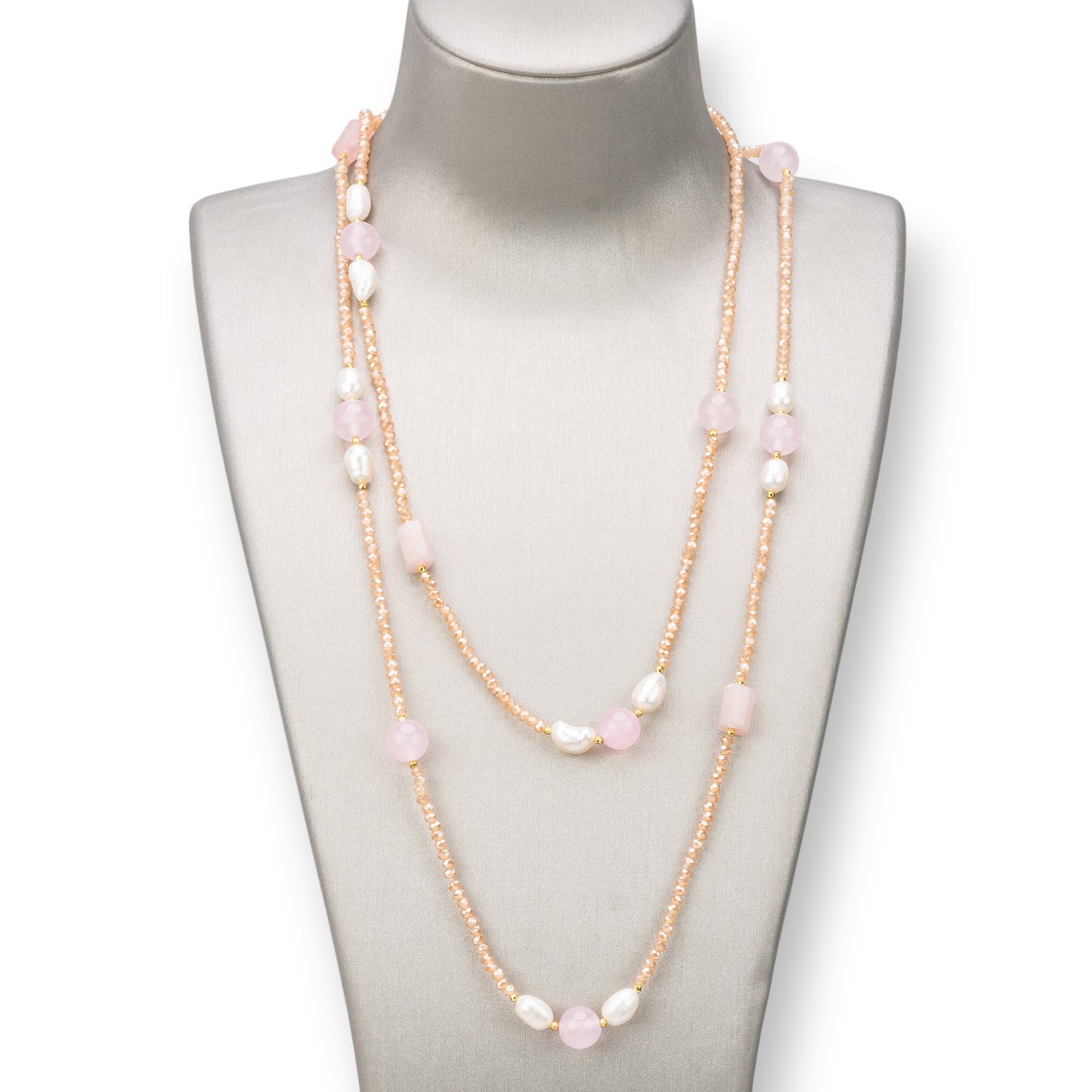 Collana Bijoux Charlestone Di Pietre Dure 10mm, Perle E Cristalli 3mm 160cm Quarzo Rosa