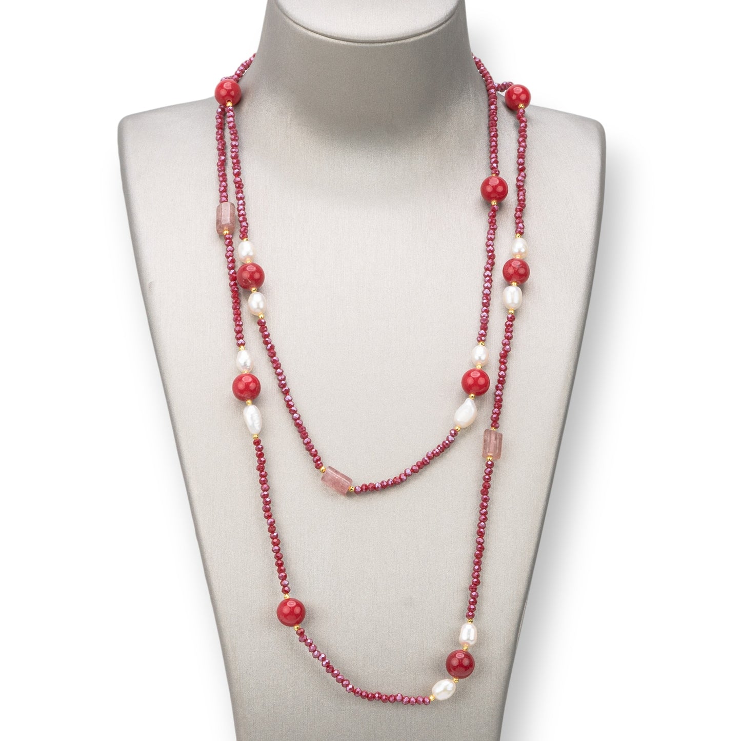 Collana Bijoux Charlestone Di Pietre Dure 10mm, Perle E Cristalli 3mm 160cm Rosso