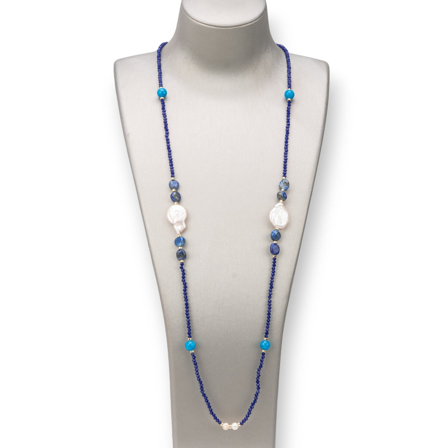 Collana Bijoux Charlestone Di Pietre Dure 8mm, Perle E Cristalli 160cm Blu