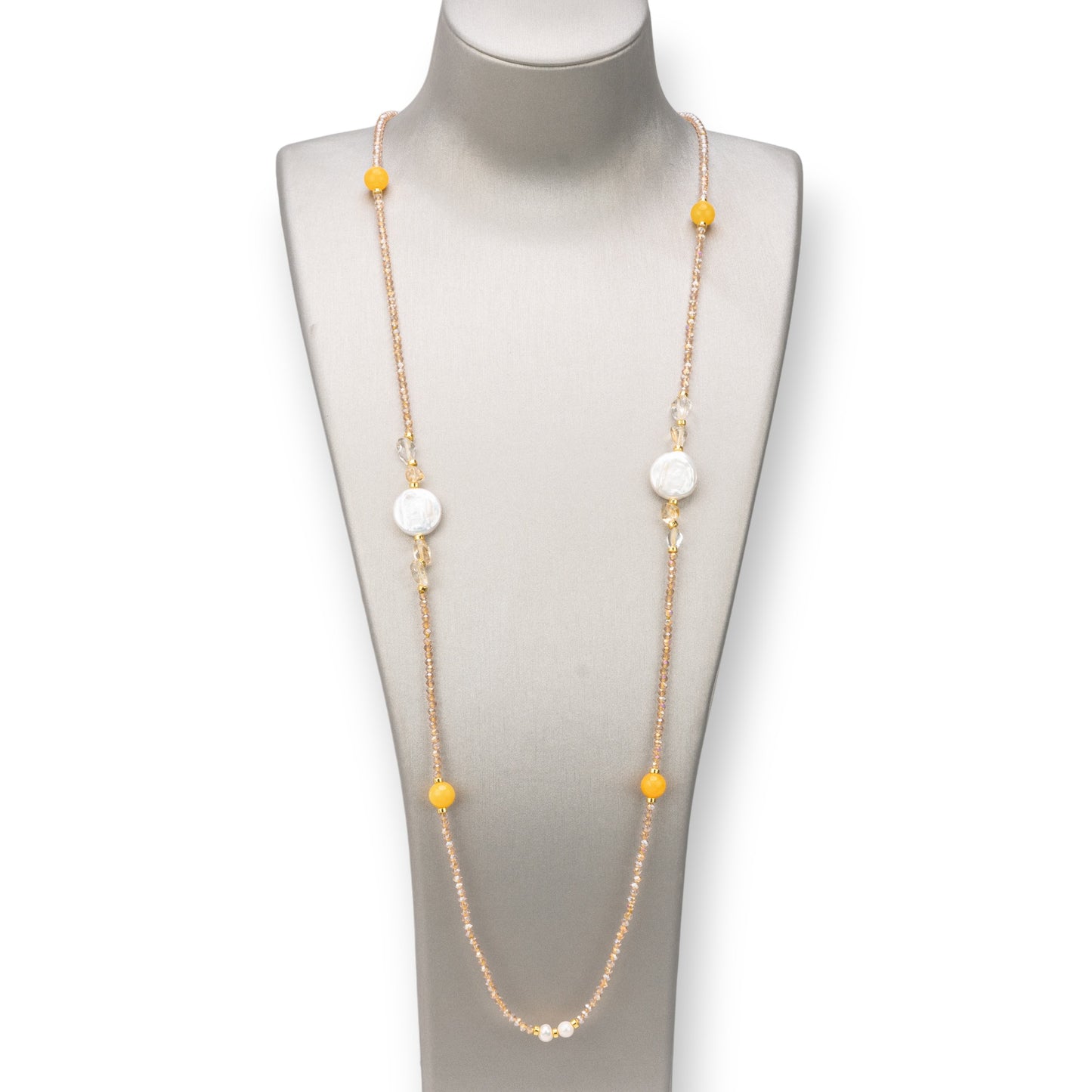 Collana Bijoux Charlestone Di Pietre Dure 8mm, Perle E Cristalli 160cm Giallo AB