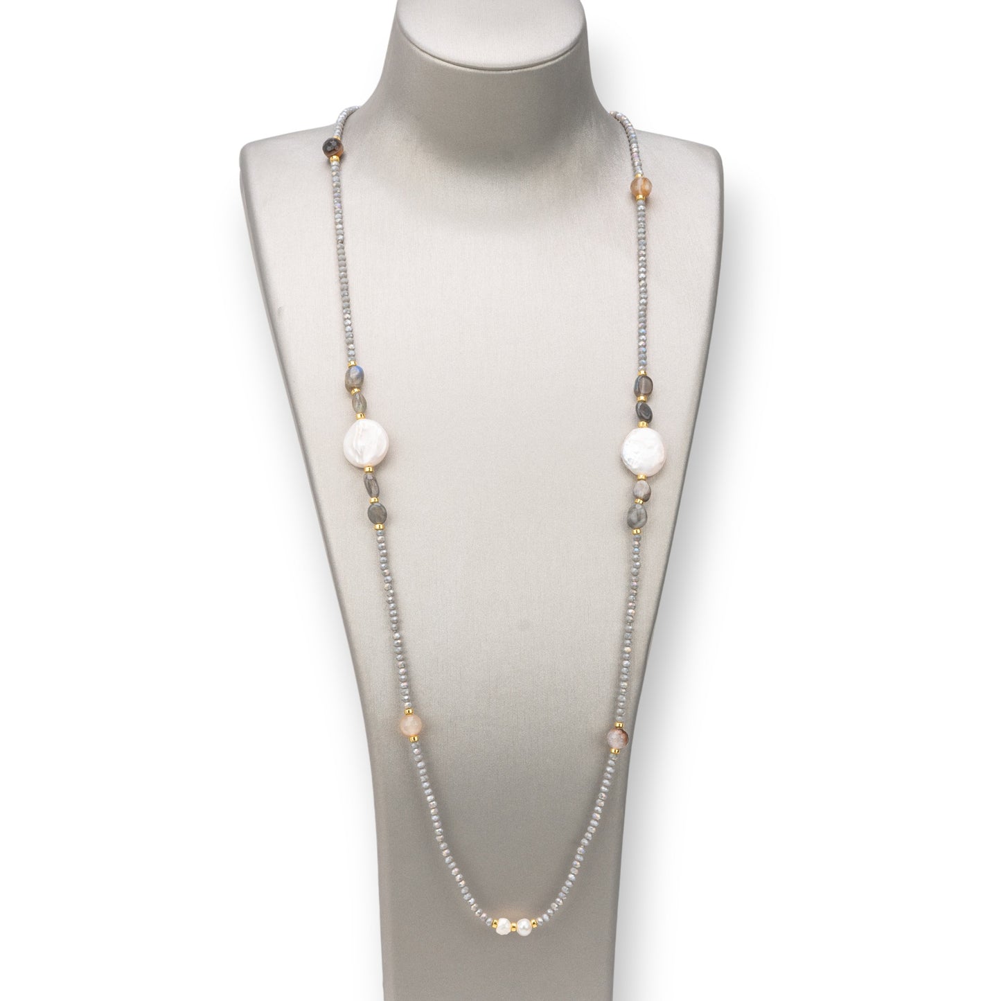 Collana Bijoux Charlestone Di Pietre Dure 8mm, Perle E Cristalli 160cm Grigio