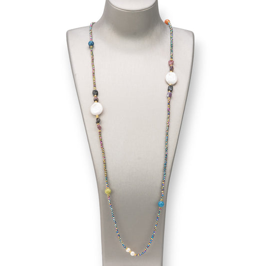 Collana Bijoux Charlestone Di Pietre Dure 8mm, Perle E Cristalli 160cm Multicolor