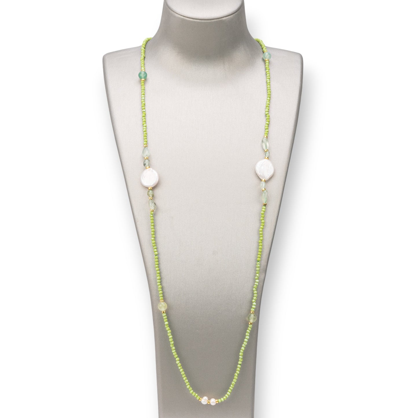 Collana Bijoux Charlestone Di Pietre Dure 8mm, Perle E Cristalli 160cm Verde Acido