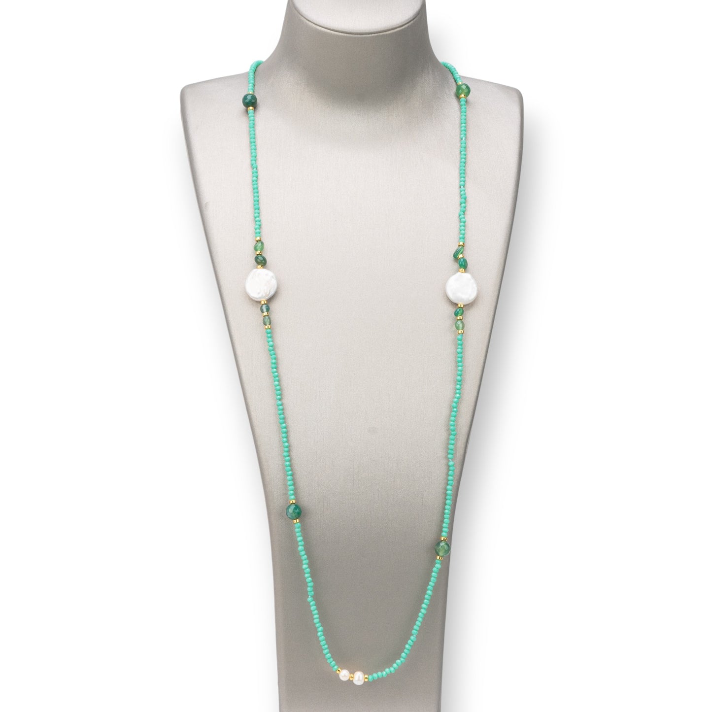 Collana Bijoux Charlestone Di Pietre Dure 8mm, Perle E Cristalli 160cm Verde Chiaro