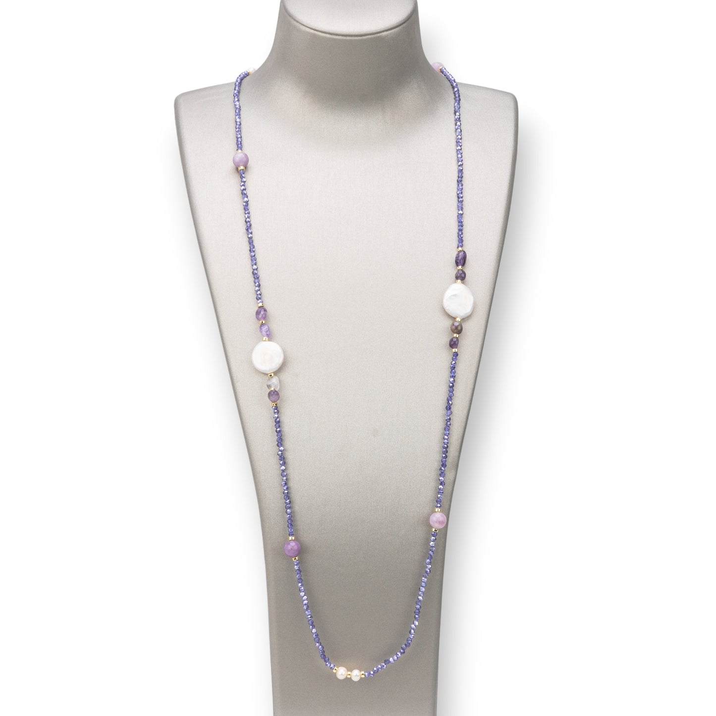 Collana Bijoux Charlestone Di Pietre Dure 8mm, Perle E Cristalli 160cm Violetto