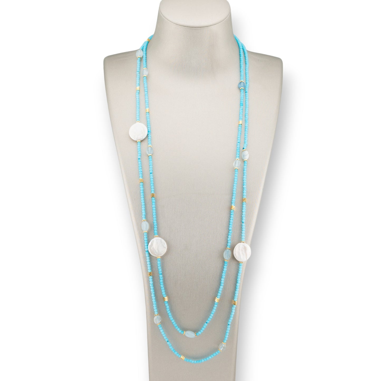 Collana Bijoux Charlestone Di Pietre Dure Perle Di Fiume Barocche Piatte, Ematite E Cristalli 160cm Azzurro Acquamarina