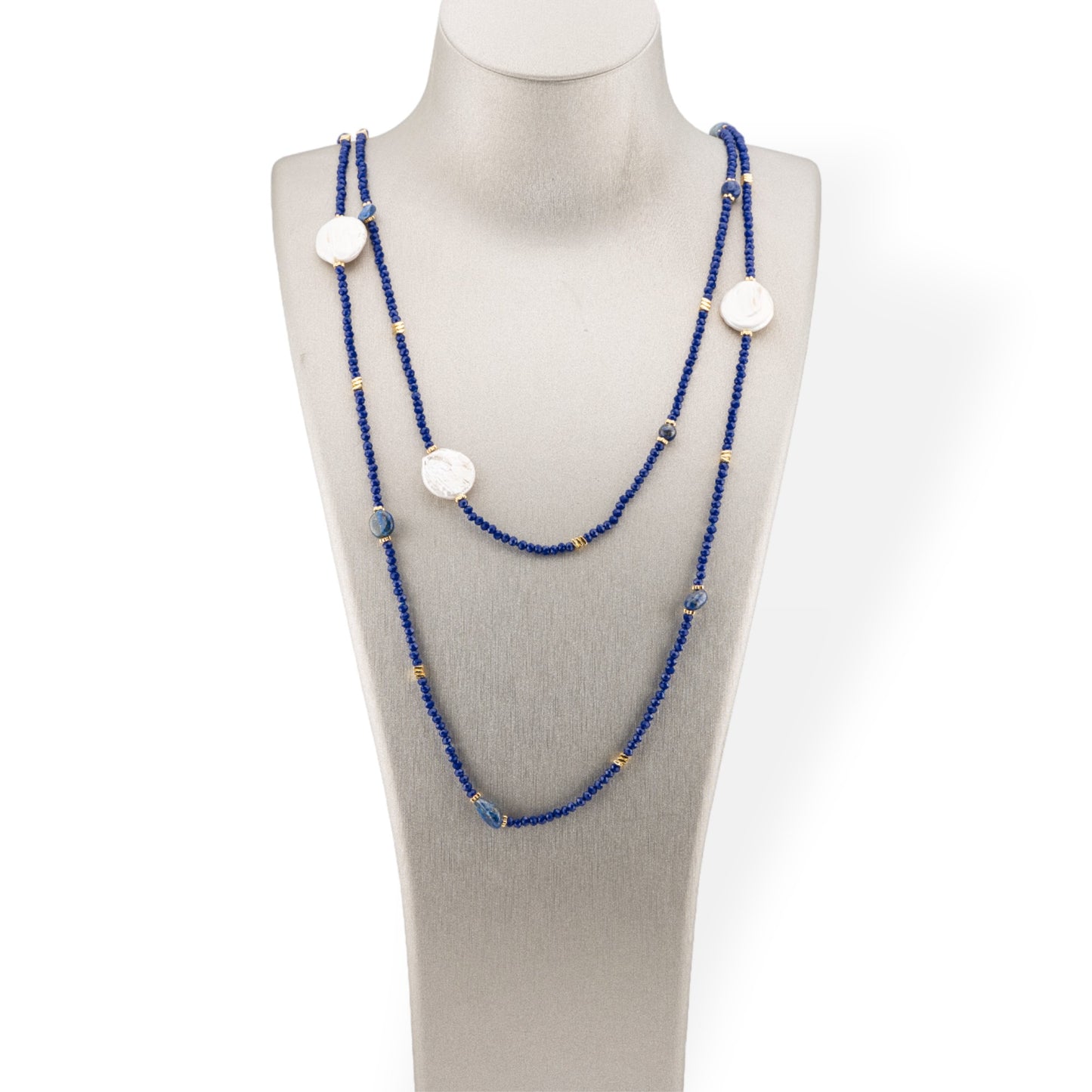 Collana Bijoux Charlestone Di Pietre Dure Perle Di Fiume Barocche Piatte, Ematite E Cristalli 160cm Blu Scuro