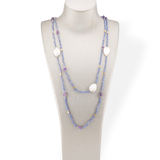 Collana Bijoux Charlestone Di Pietre Dure Perle Di Fiume Barocche Piatte, Ematite E Cristalli 160cm Blu