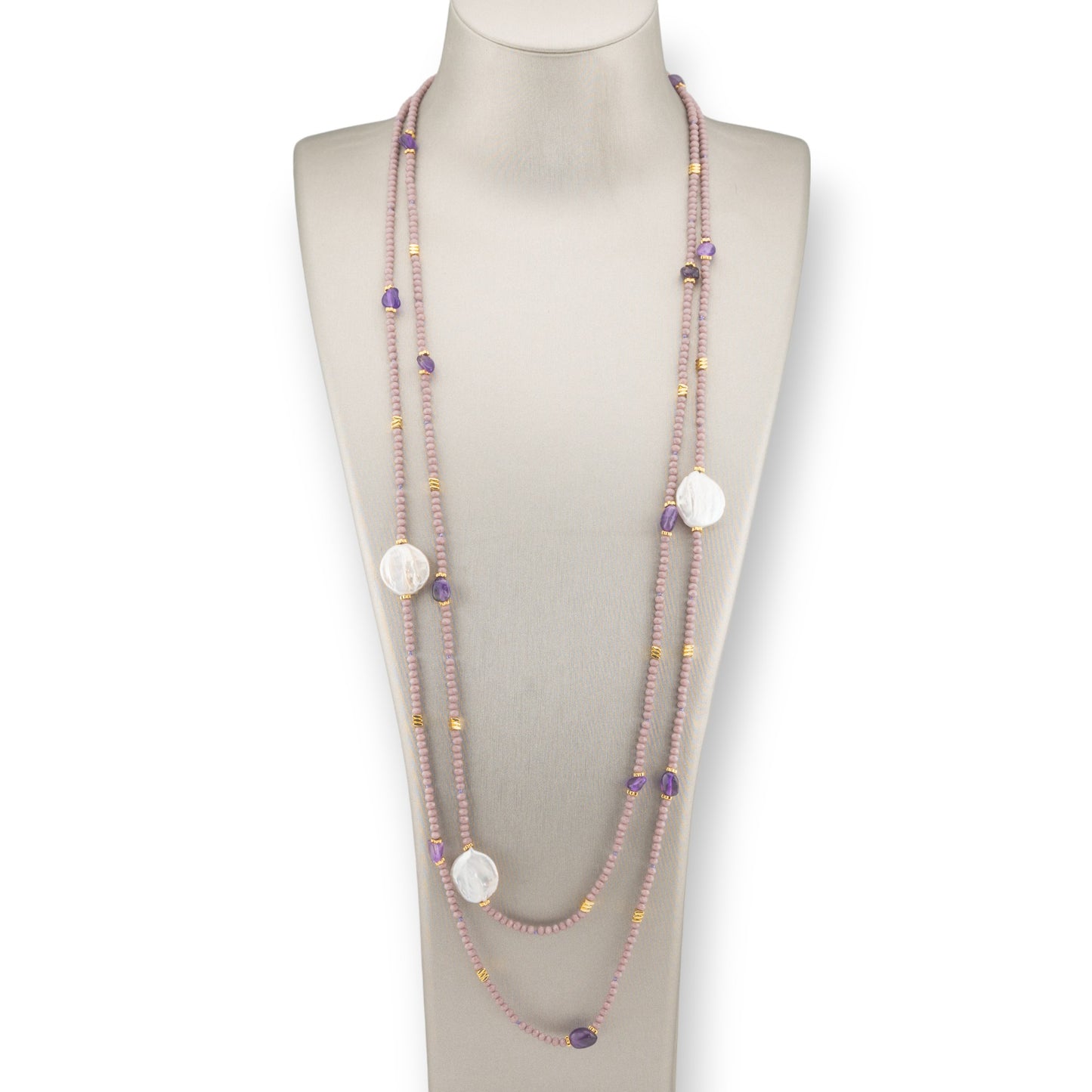 Collana Bijoux Charlestone Di Pietre Dure Perle Di Fiume Barocche Piatte, Ematite E Cristalli 160cm Lilla Ametista