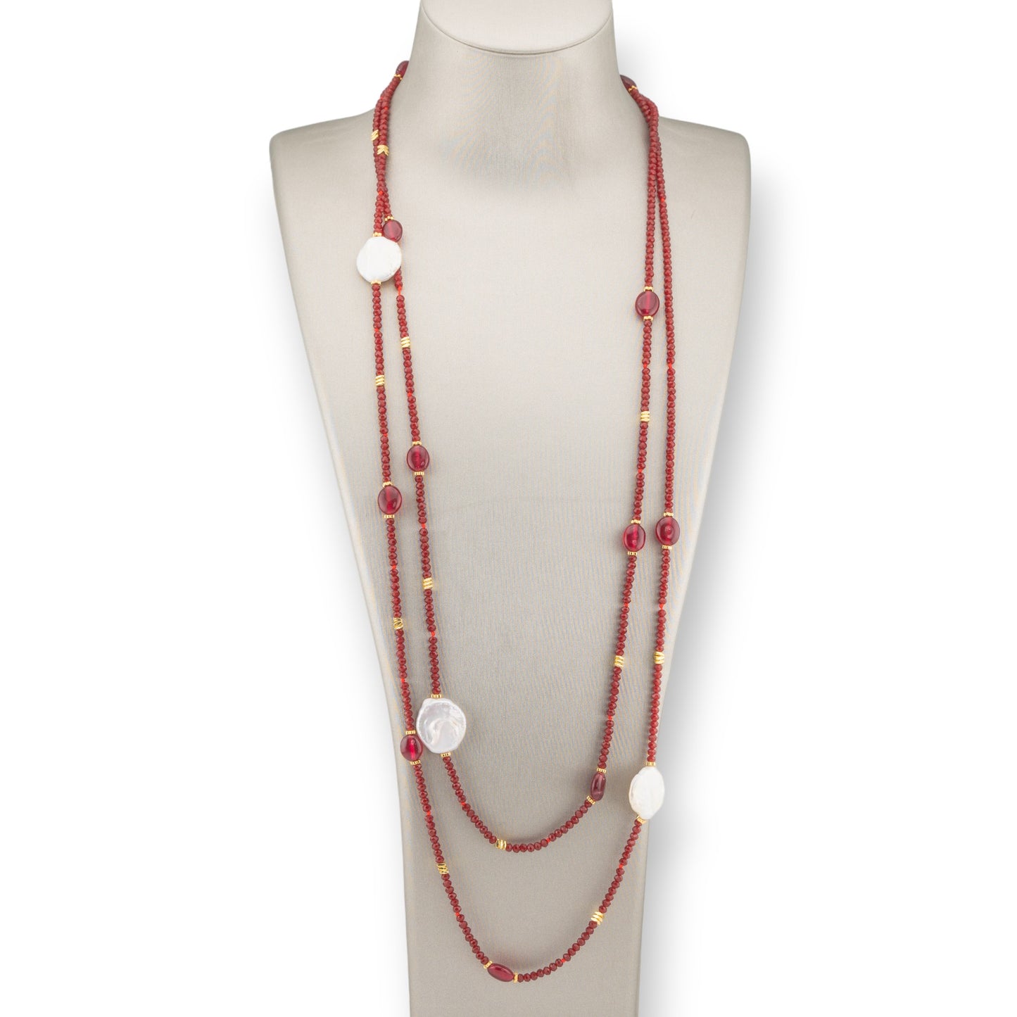 Collana Bijoux Charlestone Di Pietre Dure Perle Di Fiume Barocche Piatte, Ematite E Cristalli 160cm Rosso