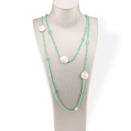 Collana Bijoux Charlestone Di Pietre Dure Perle Di Fiume Barocche Piatte, Ematite E Cristalli 160cm Verde Chiaro