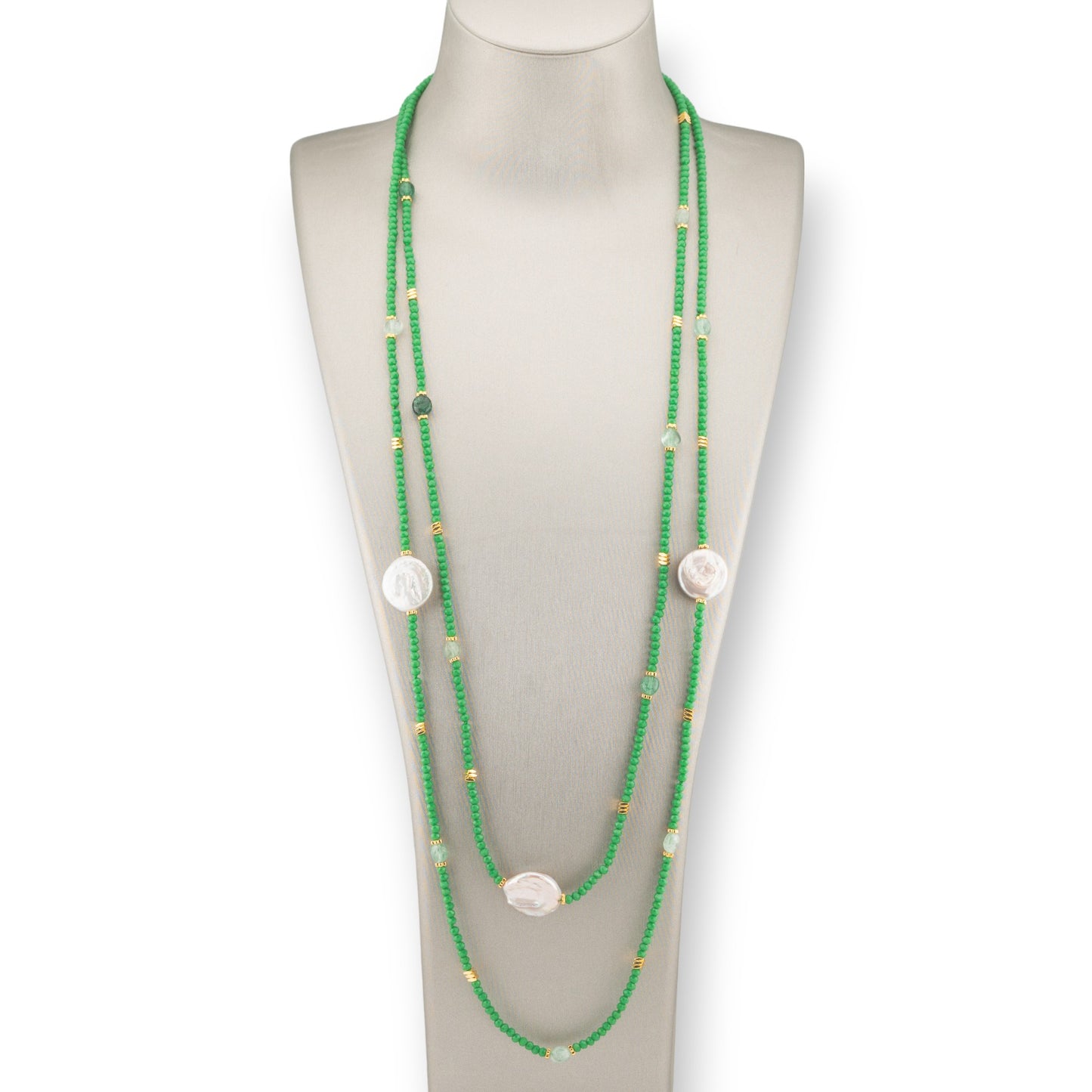 Collana Bijoux Charlestone Di Pietre Dure Perle Di Fiume Barocche Piatte, Ematite E Cristalli 160cm Verde