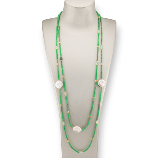 Collana Bijoux Charlestone Di Pietre Dure Perle Di Fiume Barocche Piatte, Ematite E Cristalli 160cm Verde