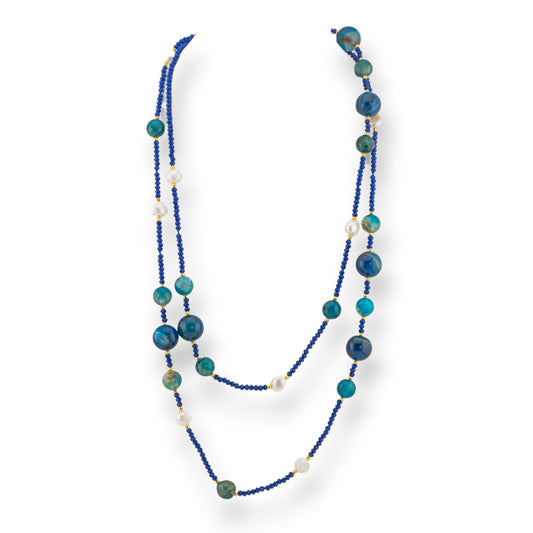 Collana Bijoux Charlestone Di Pietre Dure Perle Di Fiume E Cristalli 120cm Con Chiusura Agata Blu Striata