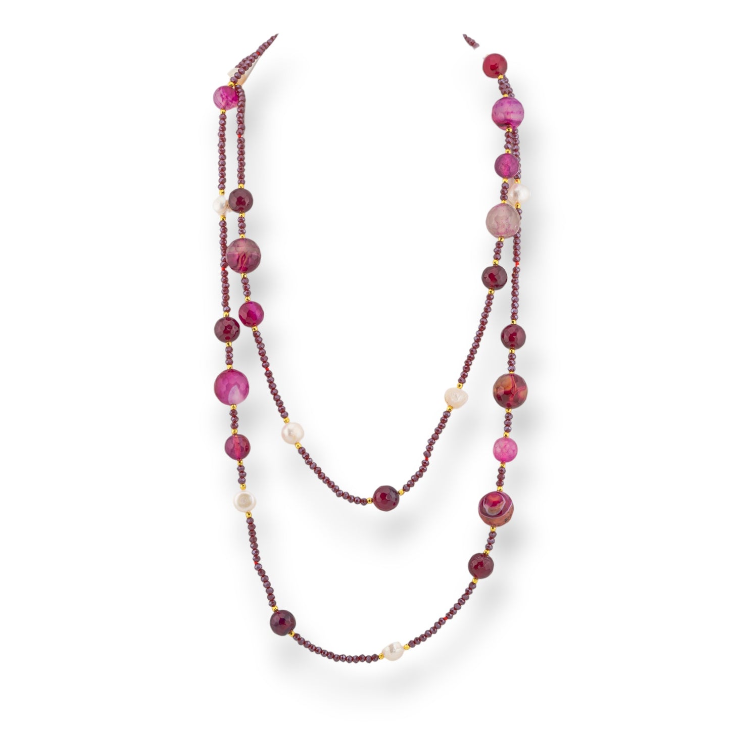 Collana Bijoux Charlestone Di Pietre Dure Perle Di Fiume E Cristalli 120cm Con Chiusura Agata Fucsia Striata