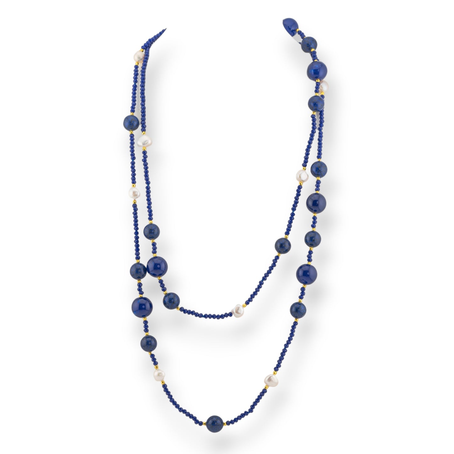 Collana Bijoux Charlestone Di Pietre Dure Perle Di Fiume E Cristalli 120cm Con Chiusura Blu