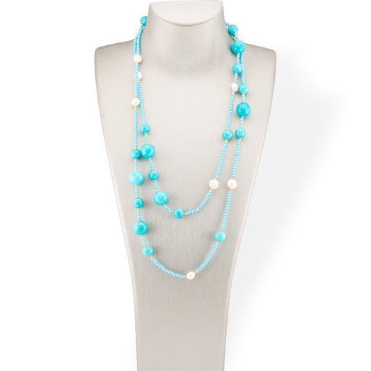 Charlestone Bijoux Necklace Of Hard Stones River Pearls And Crystals 120cm With Amazonite Jade Clasp