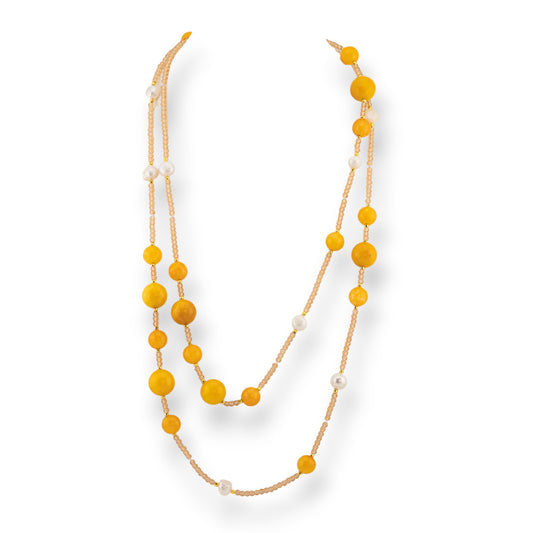 Charlestone Bijoux Necklace Of Hard Stones River Pearls And Crystals 120cm With Yellow Jade Clasp